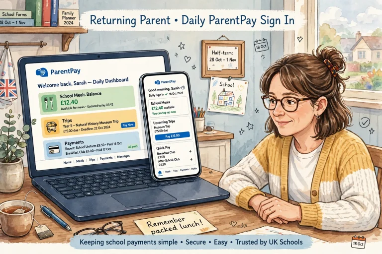 Illustration of a parent using ParentPay on a laptop and smartphone to check school meal balances, trip payments, and recent transaction history[cite: 4].