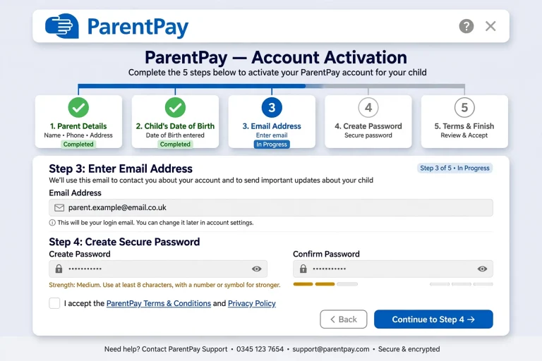 ParentPay account activation workflow interface showing step 3 for entering an email address and step 4 for creating a secure password[cite: 1].