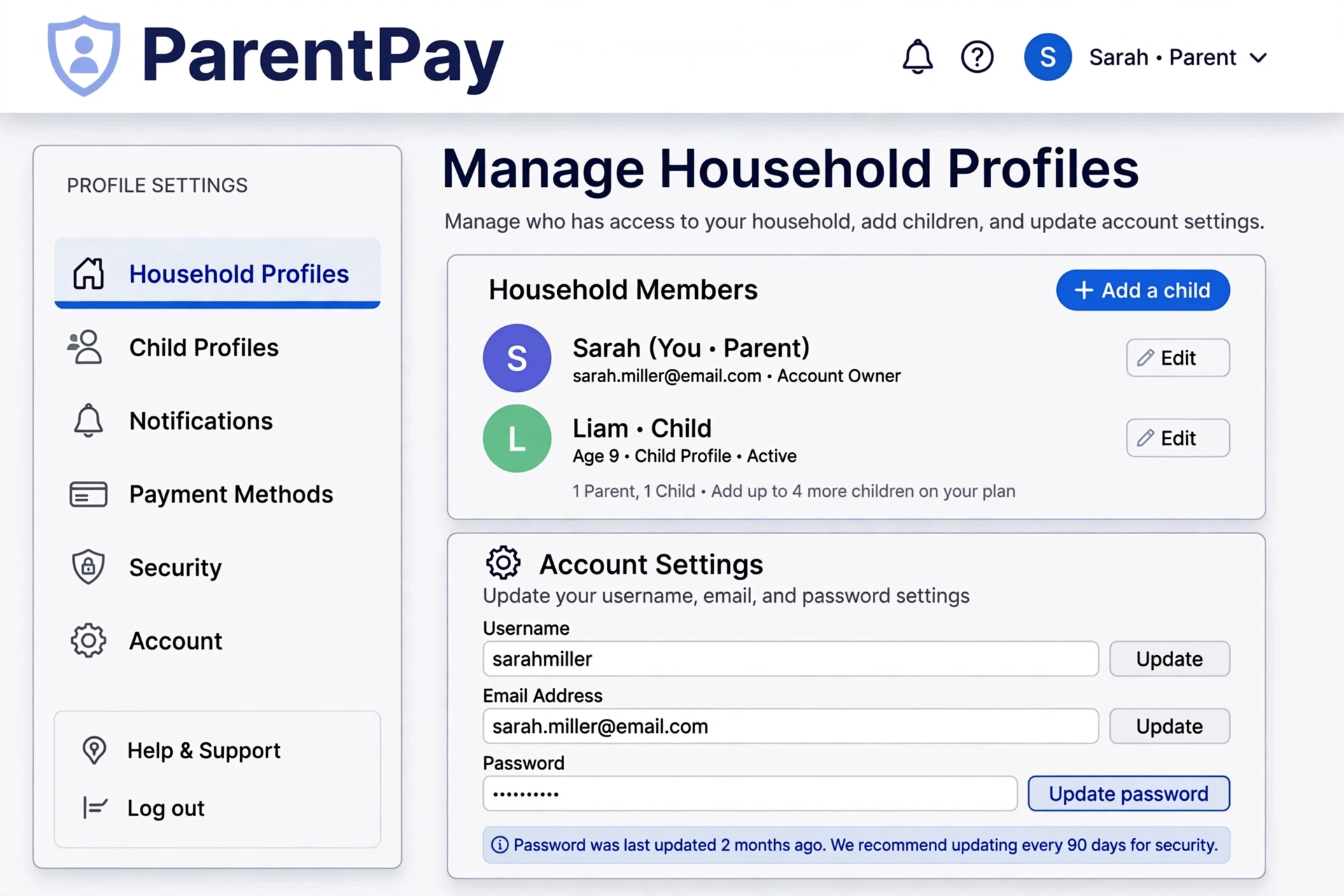 ParentPay portal dashboard showing Manage Household Profiles with options to add a child, manage parent and child accounts, and update account settings[cite: 3].