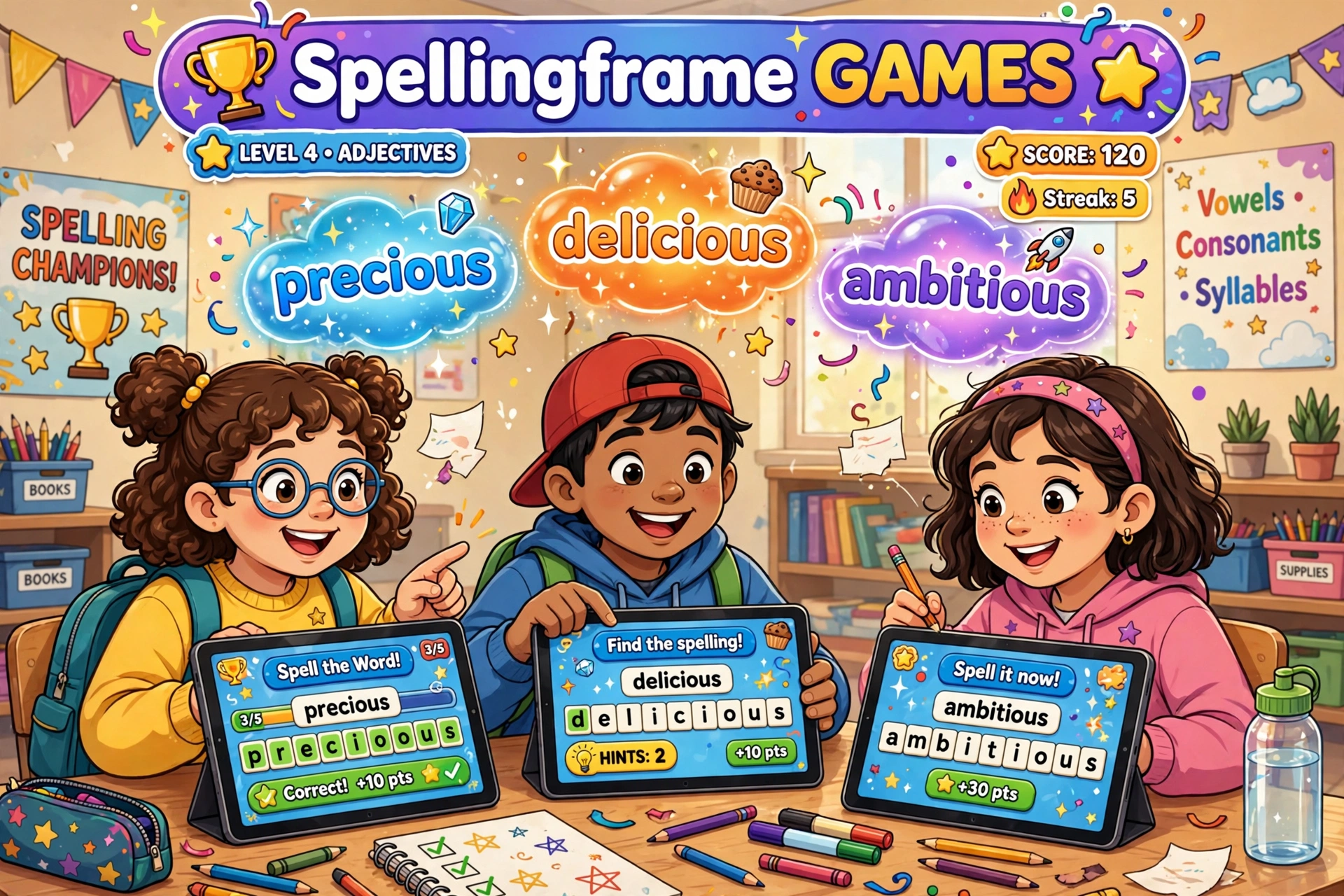 Three happy students in a classroom using tablets to play interactive Spellingframe games and practice spelling words like precious, delicious, and ambitious.