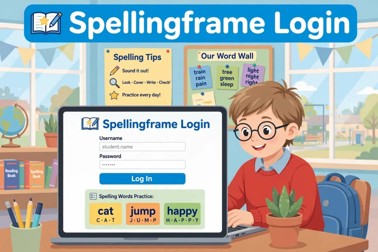 A young student sitting at a desk using a laptop displaying the Spellingframe login screen and interactive spelling practice cards.