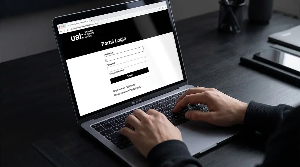 Hands typing on a laptop displaying the official UAL (University of the Arts London) Portal Login page.   