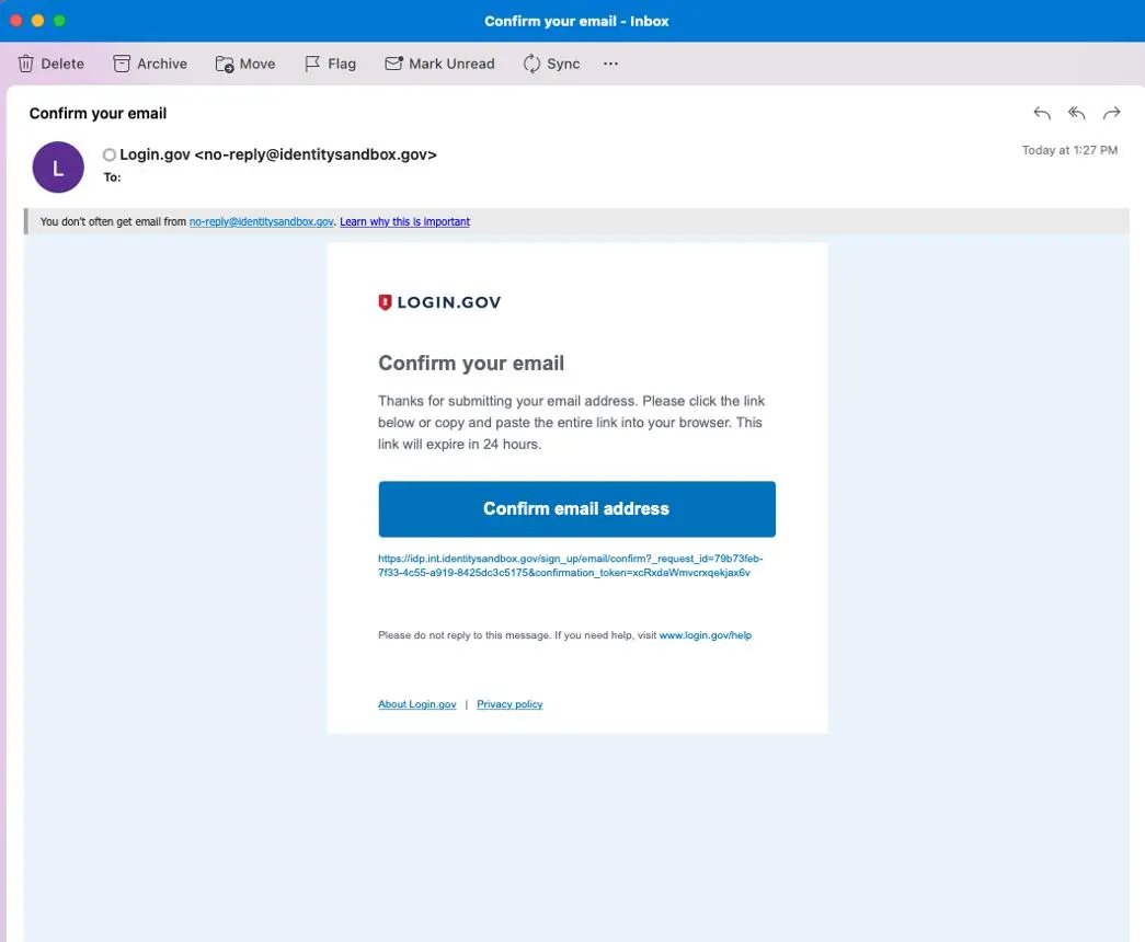 Email inbox screenshot displaying a 'Confirm your email' verification message with a 'Confirm email address' button.