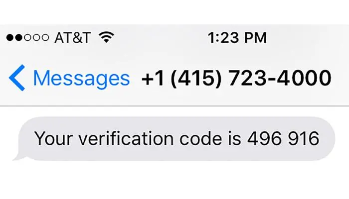 Mobile text message screenshot showing an SMS verification code sent to complete account phone verification.