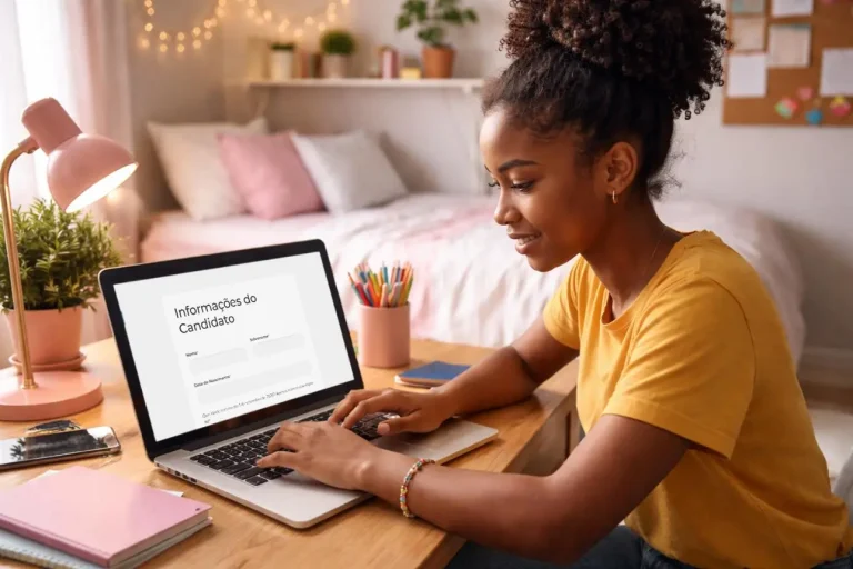 A woman sitting at a desk filling out her participant profile and candidate information on a laptop screen.