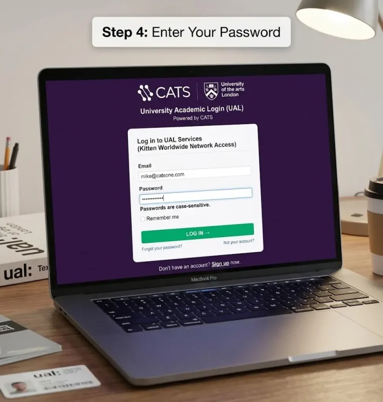 Laptop displaying the University Academic Login (UAL) powered by CATS with password entered.   