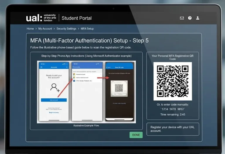 UAL Student Portal screen showing Multi-Factor Authentication (MFA) setup with a QR code and phone app instructions.   
