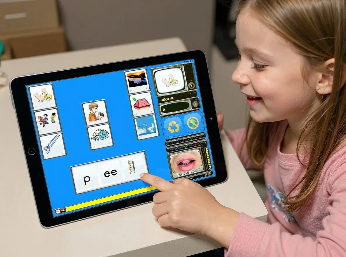 A young student using a tablet to access interactive spelling and phonics exercises in the Nessy Learning student section.
