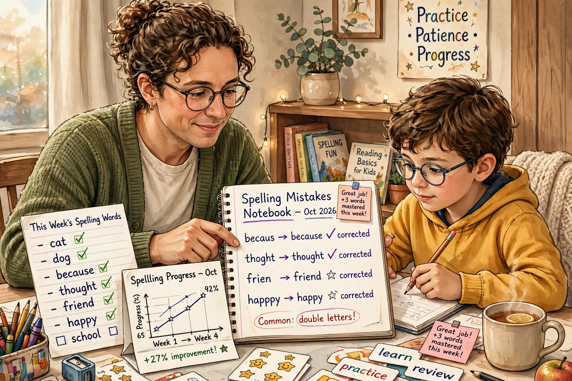 A parent or teacher helping a child review corrected spelling mistakes in a notebook while tracking progress charts and weekly word lists.
