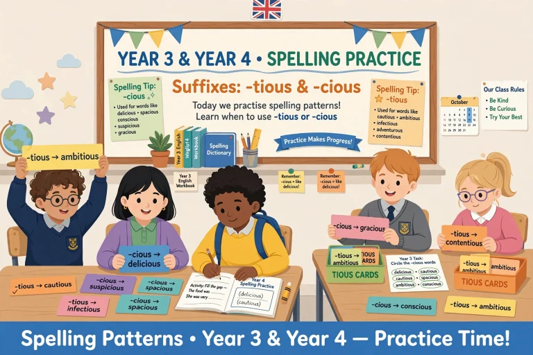 Primary school students in a classroom practicing spelling rules for the suffixes -tious and -cious using word cards and workbooks.