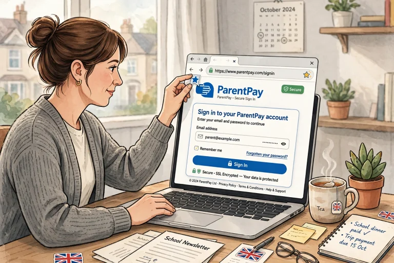 Illustration of a parent signing into her ParentPay account on a laptop using a secure SSL encrypted portal[cite: 5].