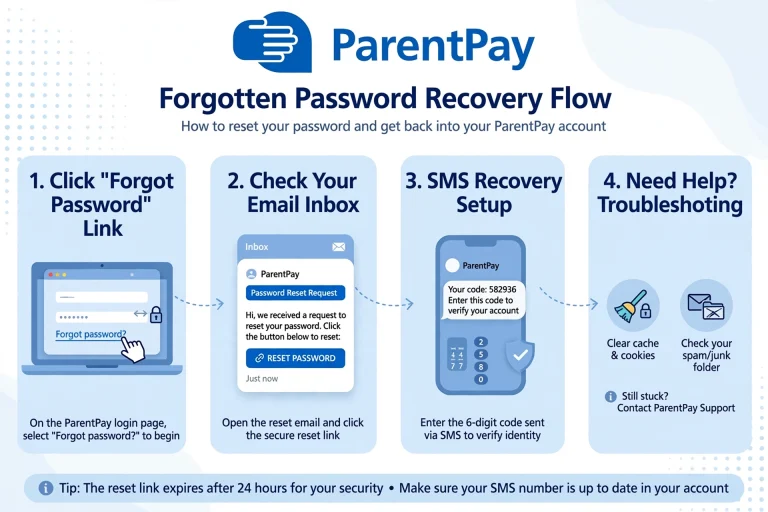 Infographic detailing the 4-step ParentPay password recovery process including clicking the reset link, checking email, entering an SMS code, and troubleshooting[cite: 6].