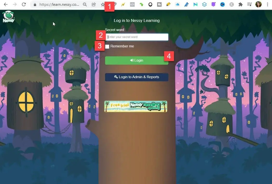 Nessy Learning login portal interface showing numbered steps to enter secret word, select remember me, and click login button.