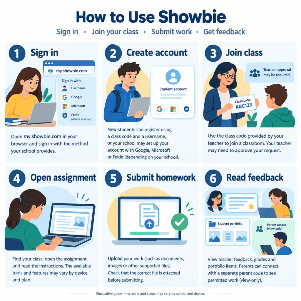 Step-by-step infographic showing how to use Showbie: 1. Sign in, 2. Create account, 3. Join class with code, 4. Open assignment, 5. Submit homework, and 6. Read teacher feedback.